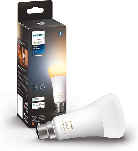 Philips Hue White Ambiance Single Smart Bulb LED [B22 Bayonet Cap] - 1600 Lumens (100W equivalent). Works with Alexa, Google Assistant And Apple Homekit
