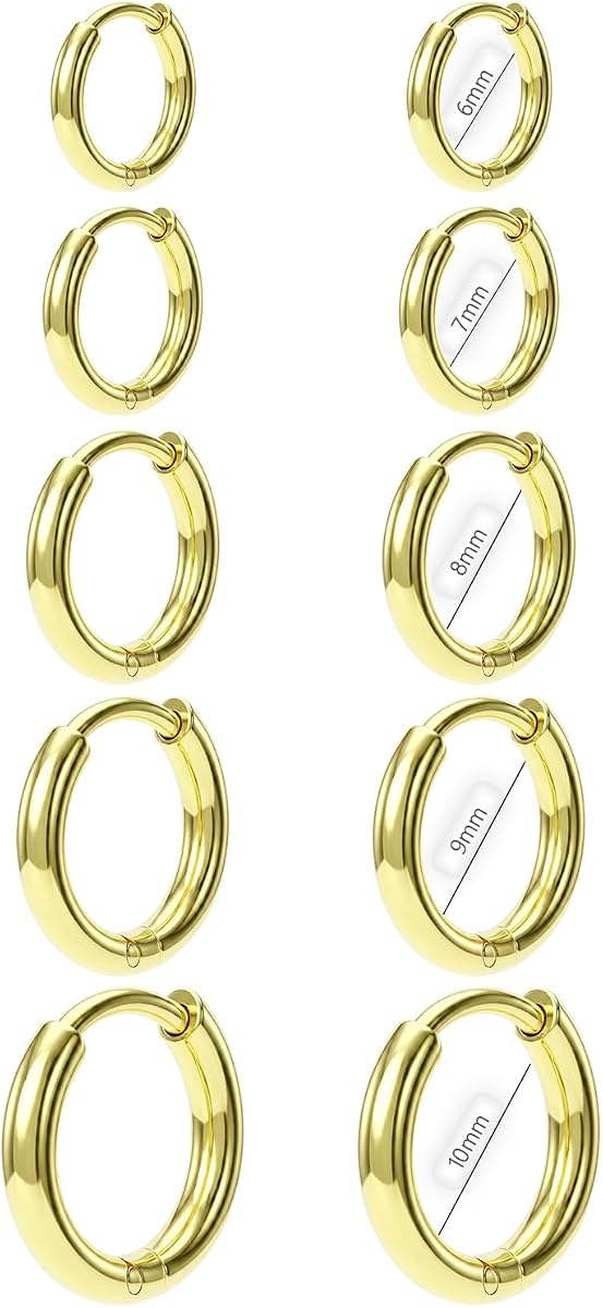 Pendientes de aro Huggie de acero quirúrgico y tacos planos para mujeres Hombres, aros pequeños de 6 mm-14 mm para cartílago Lóbulo de hélice trágica, 1-10 pares Juego de joyas de perforación múltiple para oídos sensibles