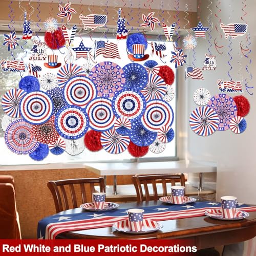Image of AMENON 78 PCS 4th of July Decorations Set, Patriotic Paper Fans Decorations Red White Blue Hanging Paper Pom Poms Swirls Americans Flag Stars Stripes Party Supplies for Independence Day Indoor Decor