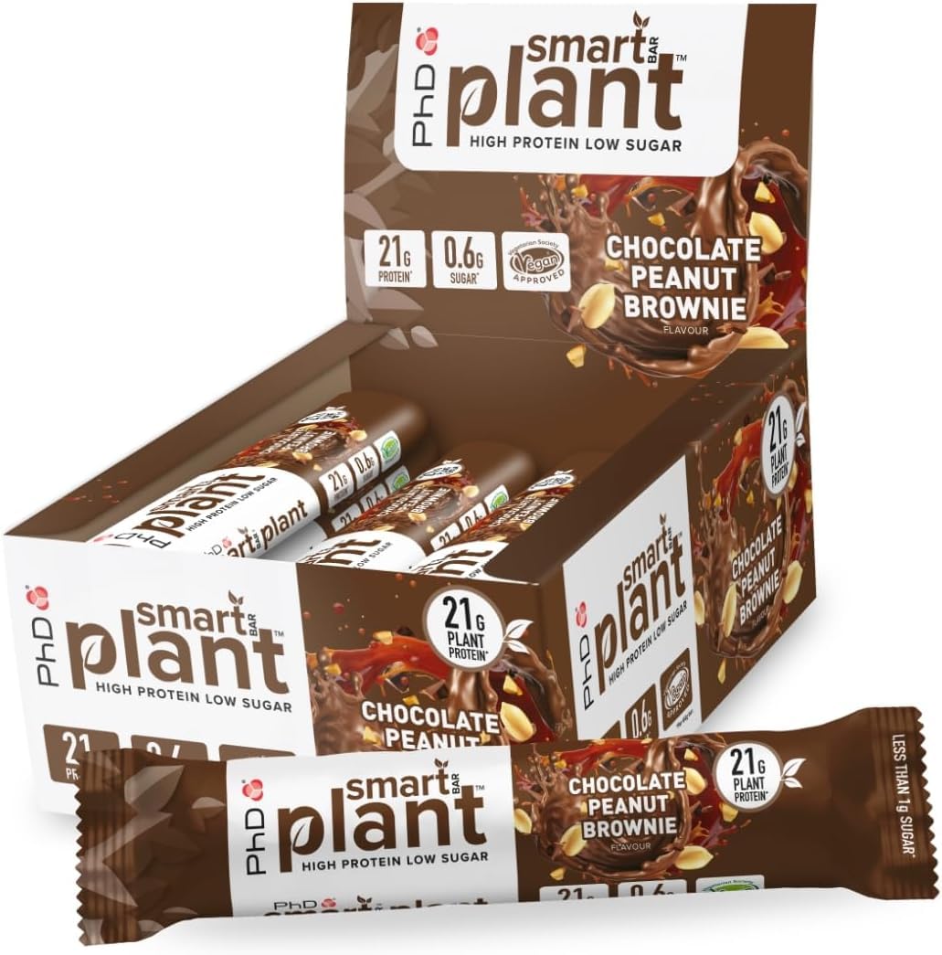 PhD Nutrition Smart Plant Based Protein Bars - 18g Protein, Low Sugar, Great Tasting Vegan Protein Bars, High Protein Snacks, Healthy Snacks Plant Protein, Chocolate Peanut Brownie Flavour 64g 12 Pack