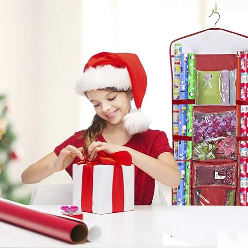 Miniatura 7 de Primode Almacenamiento de papel de regalo colgante Organizador de papel de regalo de doble cara Bolsillos para bolsas de regalo, cinta, lazos