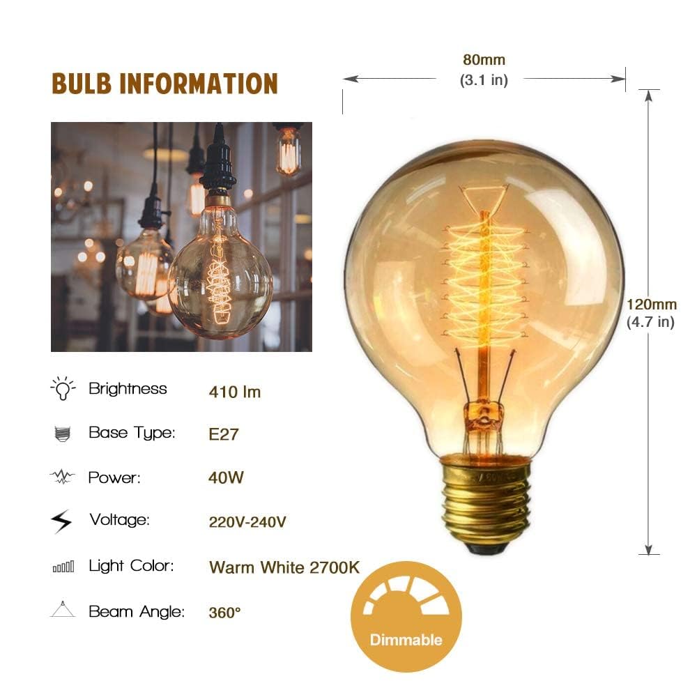 FanciBuy E27 Vintage Light Bulbs 40W, 2 Pack Dimmable Edison Screw Bulb, G80 Decorative Spiral Filament Bulbs, Warm White 2700K - Image 2