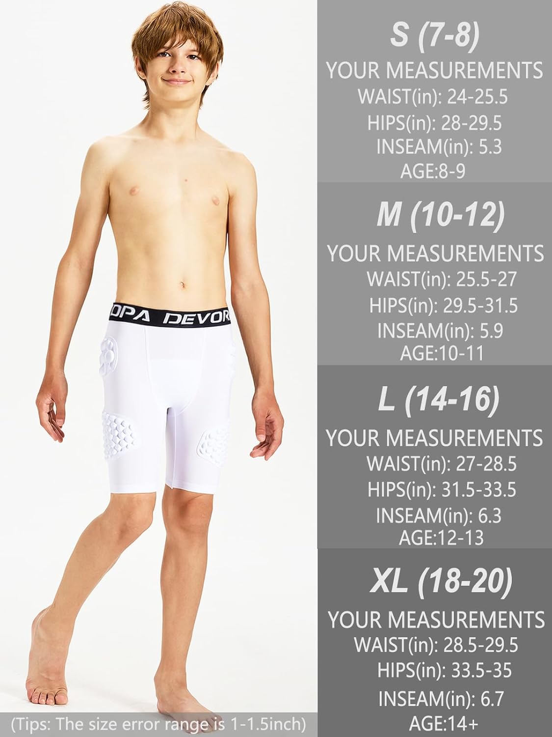 DEVOROPA Youth Boys 7 Pads Football Girdle with Cup Pocket 3/4 Compression Pants Knee Pads Integrated Hip Tailbone Thigh Pads