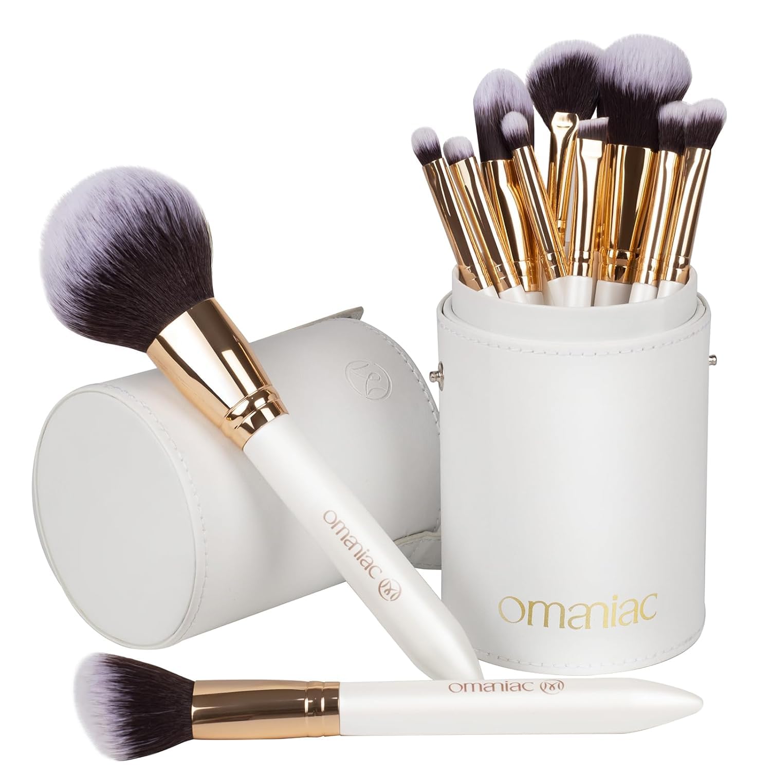 OMANIAC Juego de 12 brochas de maquillaje, de alta calidad, hechas de fibras sintéticas duraderas, pinceles de maquillaje profesionales para el día a día o de viaje (blanco)