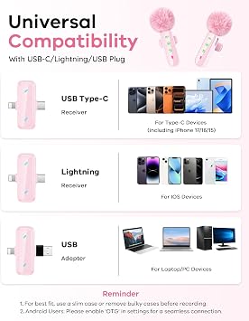Wireless Mini Lavalier Microphone for iPhone/Android, 2 Pack | 2 in 1 Lapel Pink Mic for Video Recording - Clip on Mics with Noise Reduction for Video YouTube Tiktok Podcast Vlogging