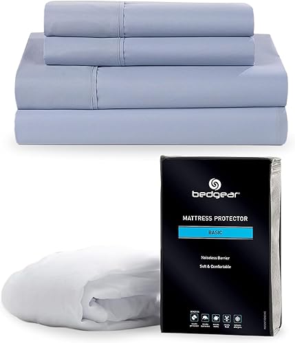 Bedgear Paquete Queen Essentials Protector de colchón básico y juego de sábanas, ligero, transpirable, sin ruido, funda de tela impermeable con