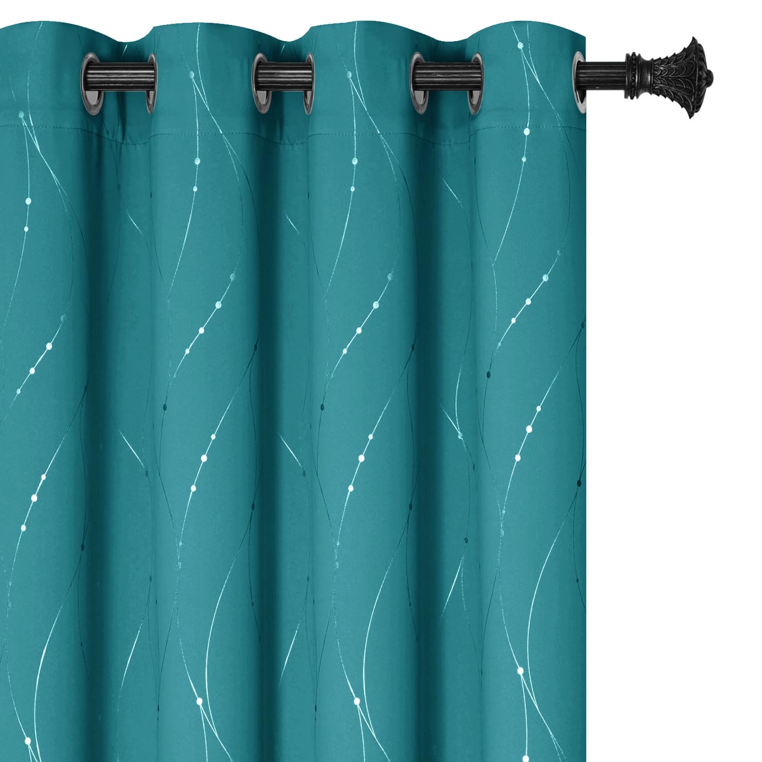 BUHUA Blackout Curtains Silver Foil Print Wave Line and Dots Grommet Drapes, Room Darkening Thermal Insulated Curtains, Noise Reducing Curtain for Bedroom, Teal Blue, 52Wx84L, 2 Panels — image 1