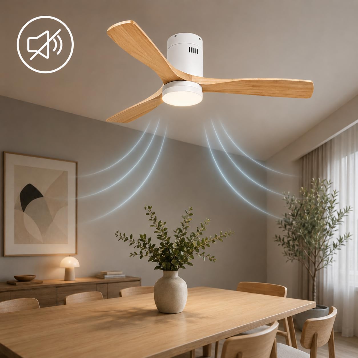 M Ledme - Wentylator sufitowy LED Energy 58 W, biały, pilot zdalnego sterowania, silnik prądu stałego 40 W + światło LED 18 W, 6 prędkości, cicha, 3 łopatki z naturalnego drewna, 132 cm, funkcja