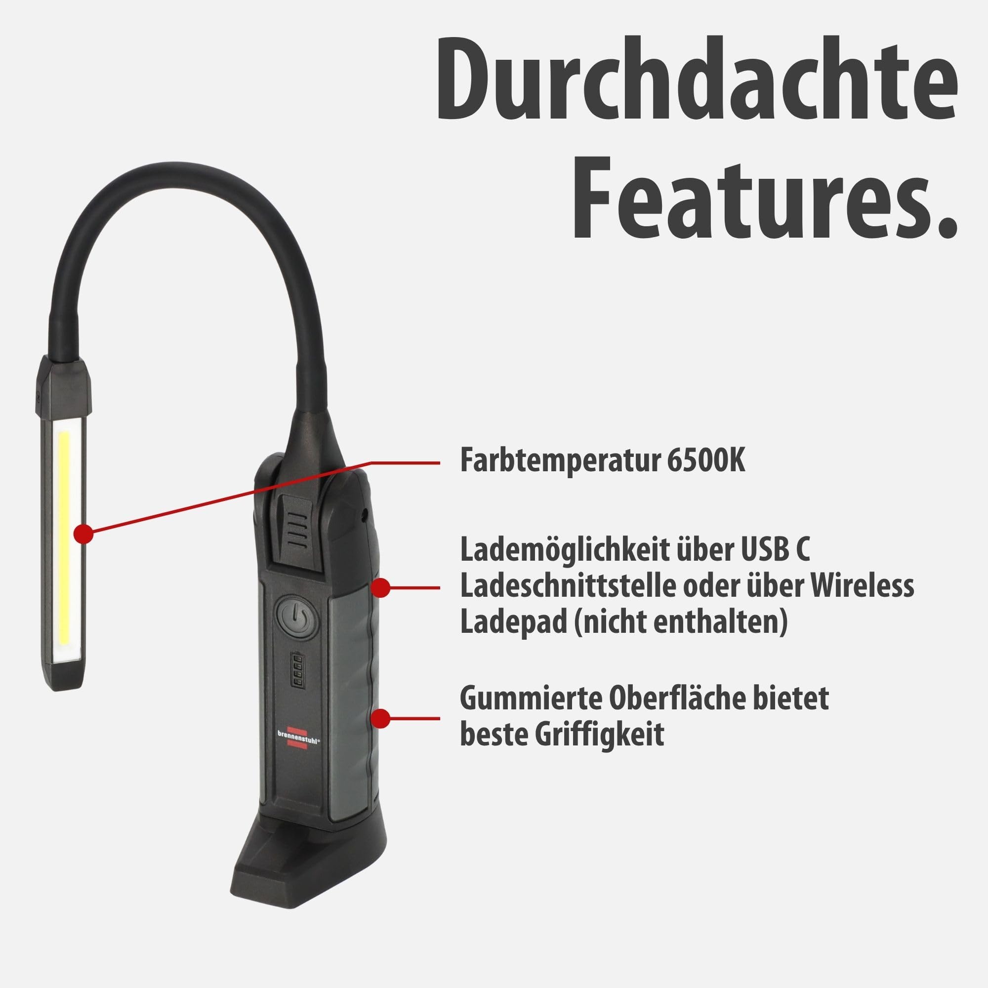 Brennenstuhl Professional Akku LED Handlampe HL 800 ACW (Arbeitsleuchte 800lm mit max. 15h Leuchtdauer, Magnet, tauschbarer Akku, Wireless Charging, inkl. USB C Kabel)