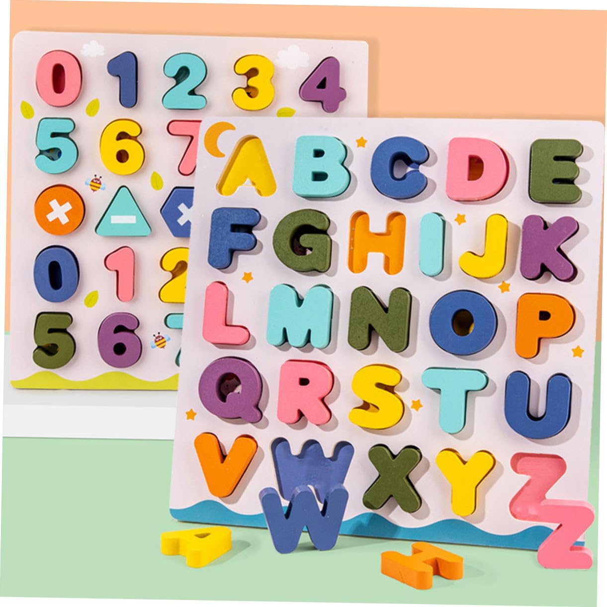 Juguete Educativo Rompecabezas de Madera para Niños, 2 Juegos | Alfabeto y Números, Bloques de Letras con Base de Madera, Juguetes Educativos Niño Niña Años