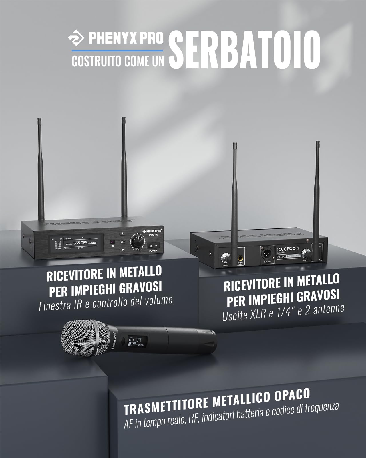 Phenyx Pro Sistema Microfono Wireless UHF monocanale PTU-1U-1H | True Diversity, Auto Scan, 1000 canali regolabili, portata 328 ft, sync IR, microfono dinamico, voce live