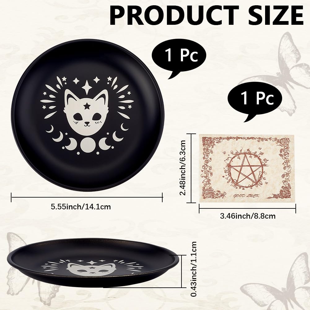 CREATCABIN Cat Prayer Ritual Plate Stainless Steel Offering Bowl Flat Round Tray Prayer Offering Bowl Candle Holder with Divination Card Jewelry Dish for Smudging Incense Burner Meditation 5.55Inch - Image 2