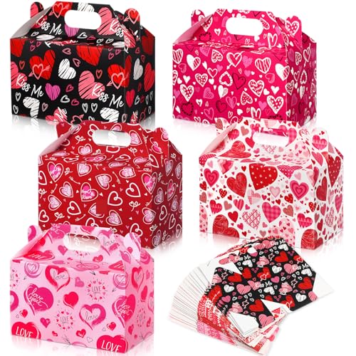 Containlol 30 Pack Valentine's Day Gift Treat Boxes - Gable Valentines Boxes Bulk for Treat Goodie Candy Party Favor Pink Red Black Heart Print for Galentines Day Classroom Exchange Gifts Prizes