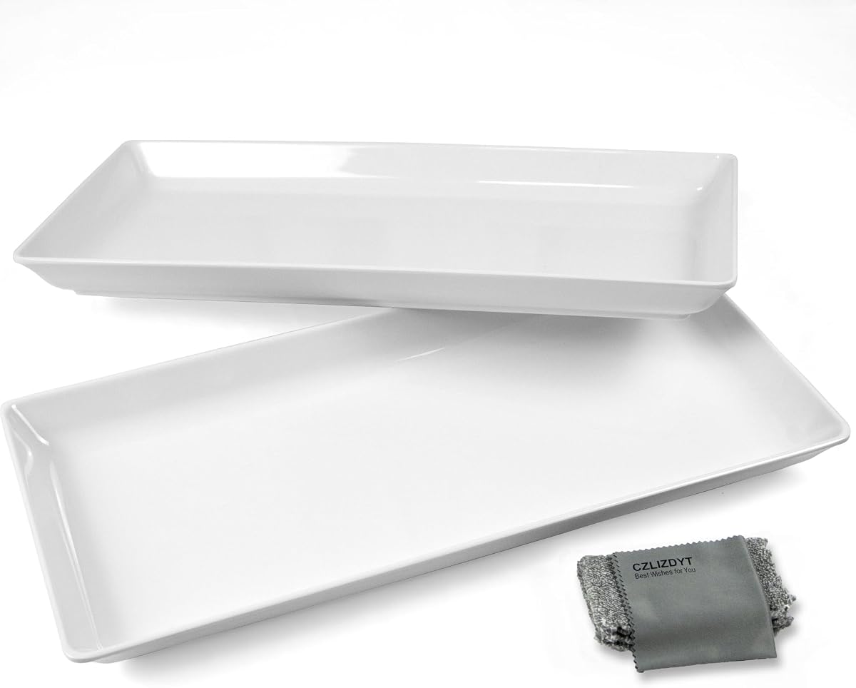 Czlizdyt Long Melamine Serving Platter, 17.3x8x1.5 inch, White | Rectangle Serving Trays for Party, Long Serving Platters Plates for Appetizer, Charcuterie, Bread, Fruit, Dessert, Set of 2