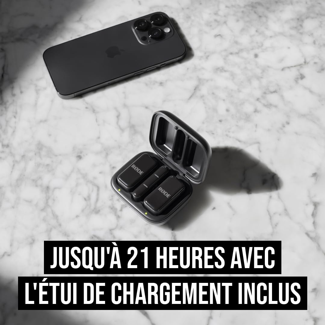 RØDE Wireless Micro, Microphone sans Fil Compact, Deux micros avec boîtier de Charge pour l’Enregistrement vidéo sur Smartphone et la création de Contenu, Lightning (Noir)