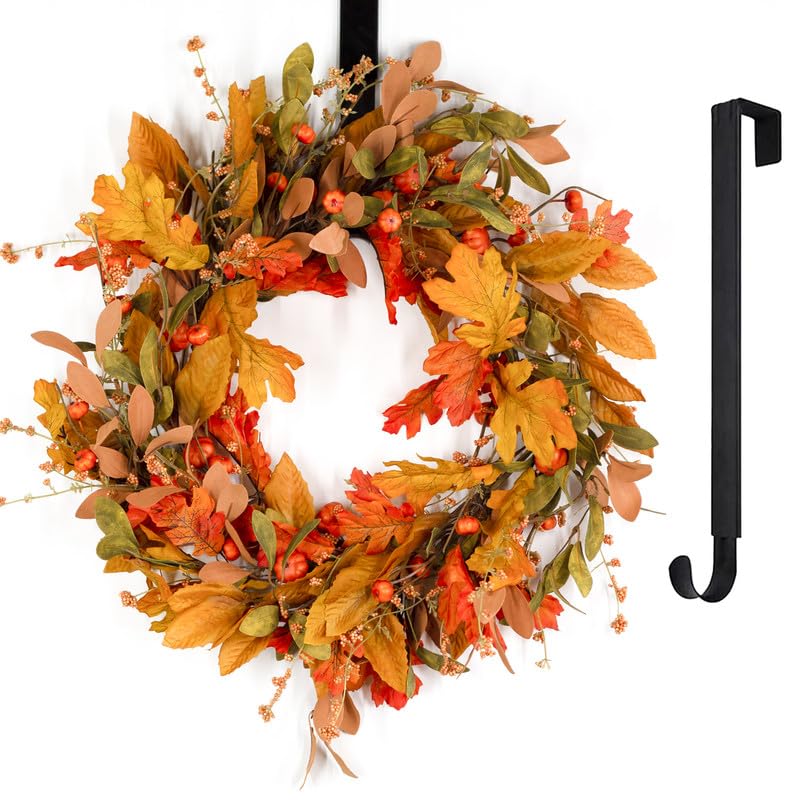 YUGALI 20” Fall Wreath for Front Door with Hanger Autumn Decor- Mini...