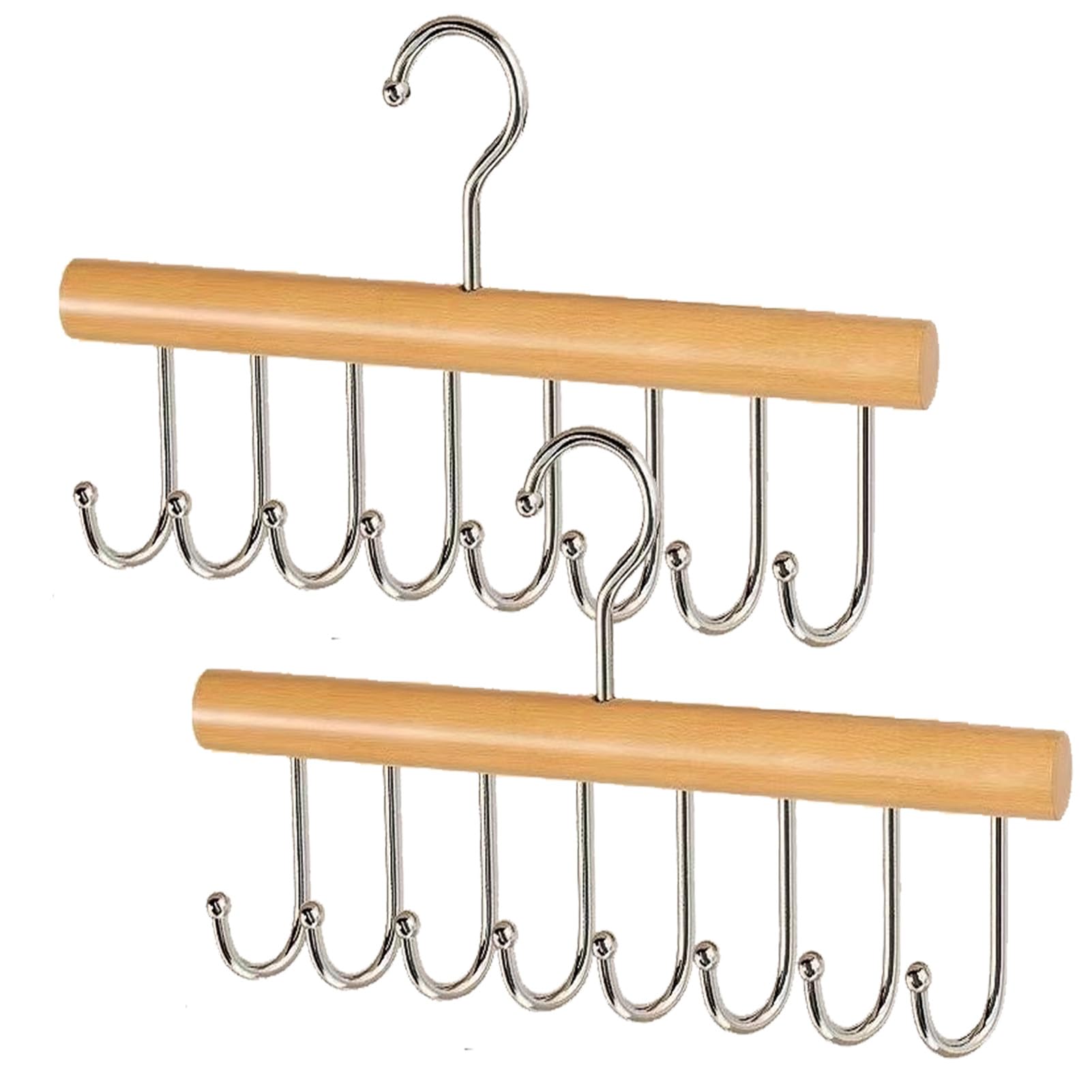 Tie Rack Hanger for closet, Wooden Belt and Tie Organizer for men with 8 Metal Hooks, 360 Degree Rotating Tie Hanger, Belts and Scarves, 2-Pack Belt Hanger, Log color