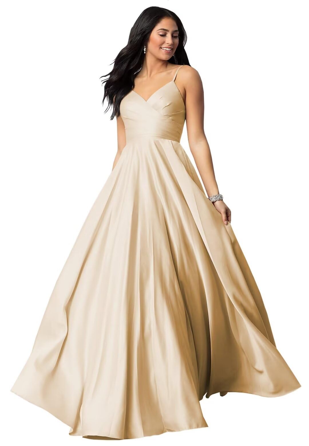 OUYAMEISpaghetti Strap V-Neck Satin Prom Dresses for Women Pleated Ball Gown Formal Evening Dresses with Pockets