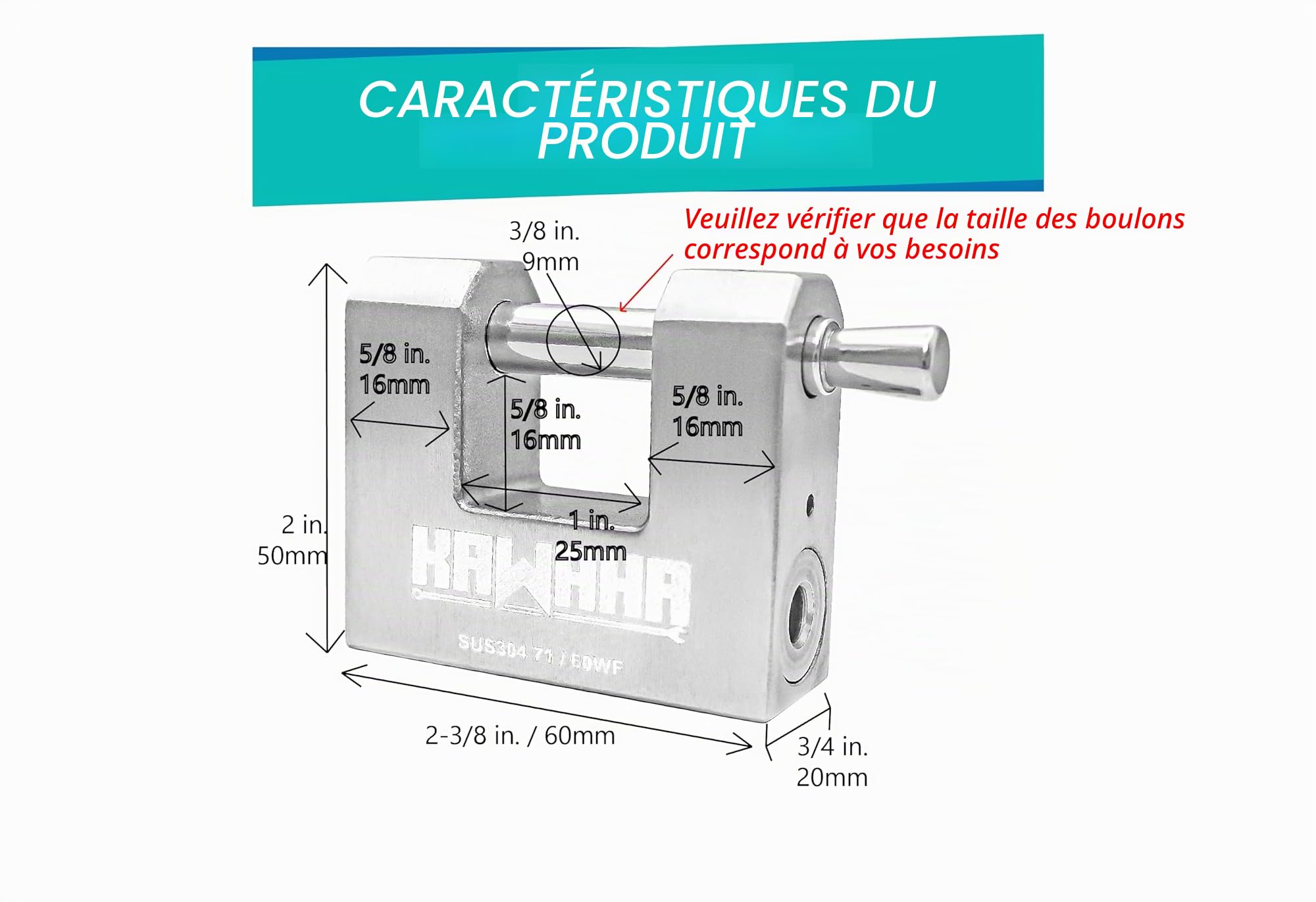 71/60KD-5SK Cadenas en acier inoxydable en forme de D, robuste, avec clé pour portail de garage, conteneur, remise et entrepôt (6,4 cm, différentes clés, 5 clés en acier inoxydable)