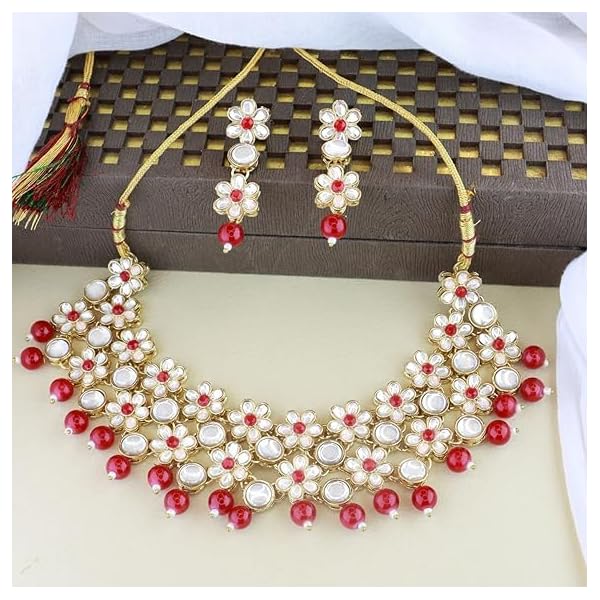 Fashion Women Gold Plated Traditional Kundan Studded Bridal Choker Necklace And Drop Earrings Jewellery Set For Women/Girls (K78) Colour Red - Image 3