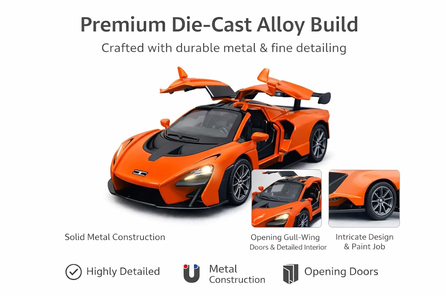 TEC TAVAKKAL 1:36 Scale Diecast Metal Toy Car with Openable Doors, Pull-Back Action, LED Lights & Music – Premium Mini Sports Car Model for Kids & Collectors (Mclaren Senna Orange) — Amazon image 3