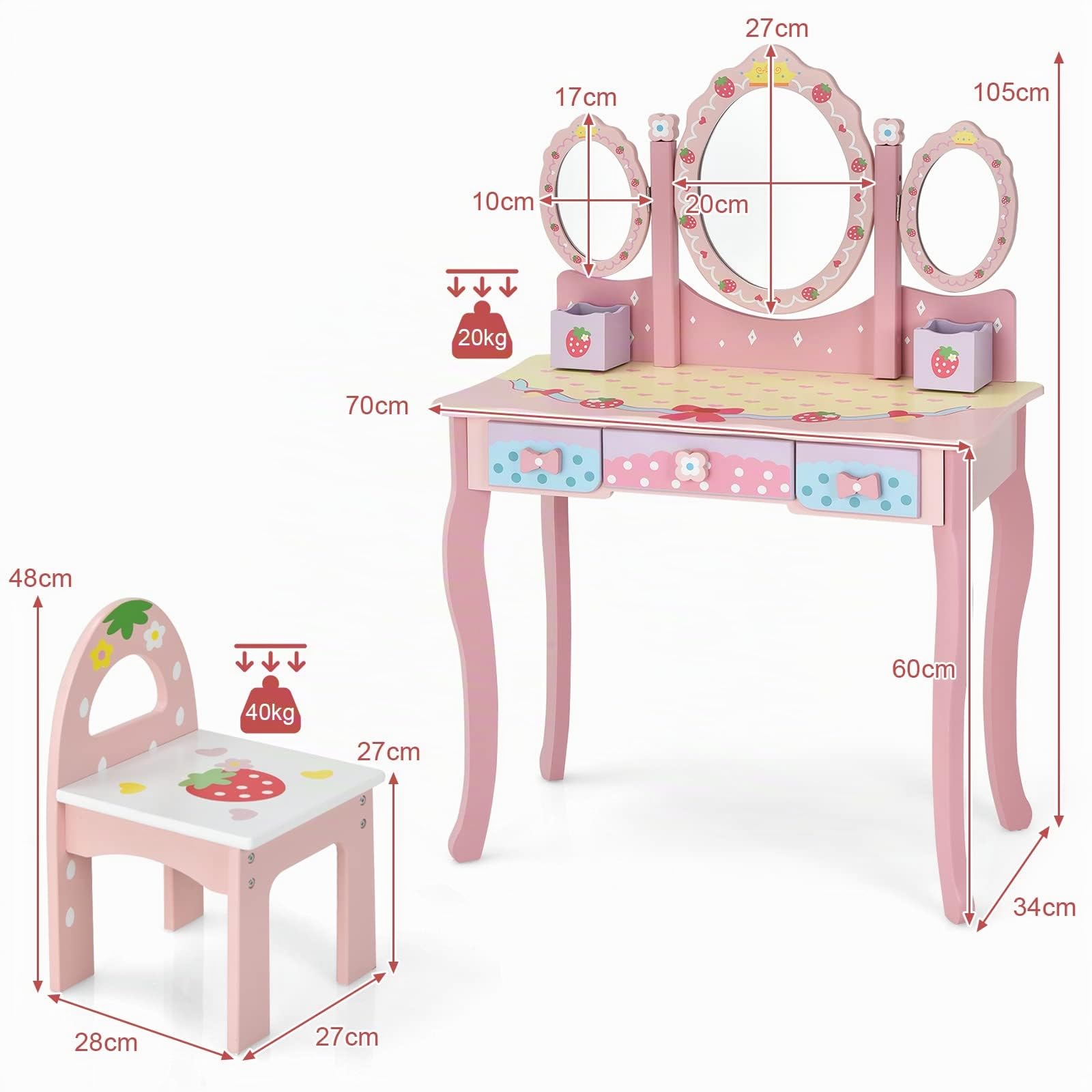 LIFEZEAL Tocador Infantil con Espejo, Juego de tocador de Maquillaje con Taburete, Mesa de Madera con Espejo extraíble, Escritorio con 3 cajones y 2 Cajas para niñas 3 años（Rosa）