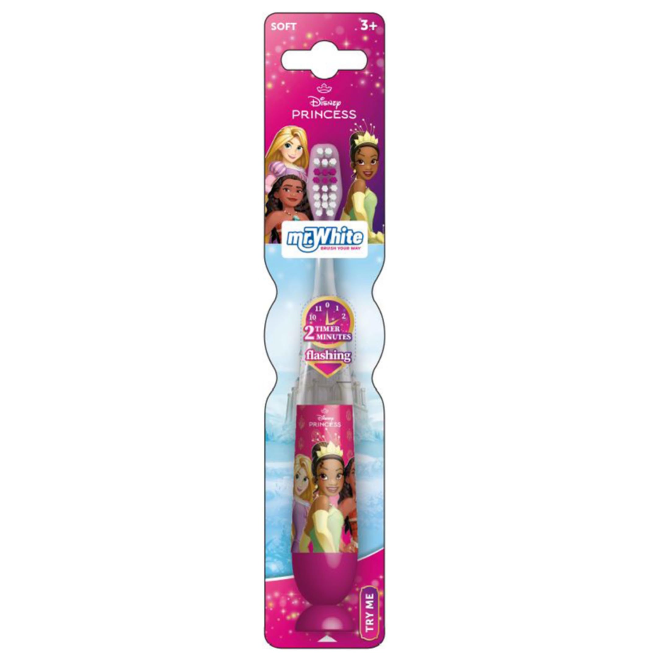 Disney Princess Flashing Toothbrush for Kids with 2 Minute Flashing Light, Comfortable Handle Grip, Soft Rounded Bristles and Suction Cup for Upright Storage for Children Ages 3+