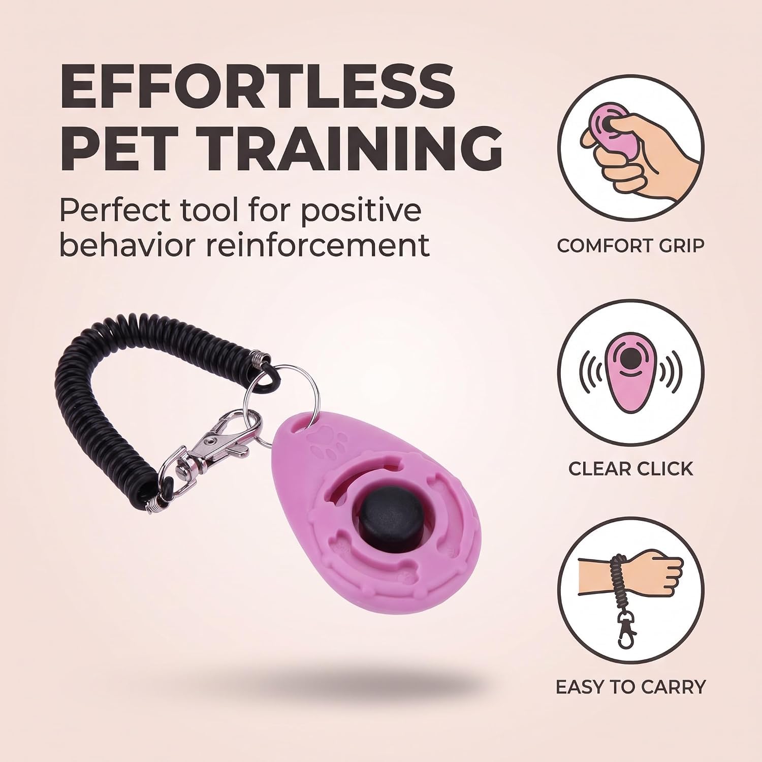 Elzhan 2Pcs Pink Dog Clicker for Training Easy to Use with Button Dog Training A