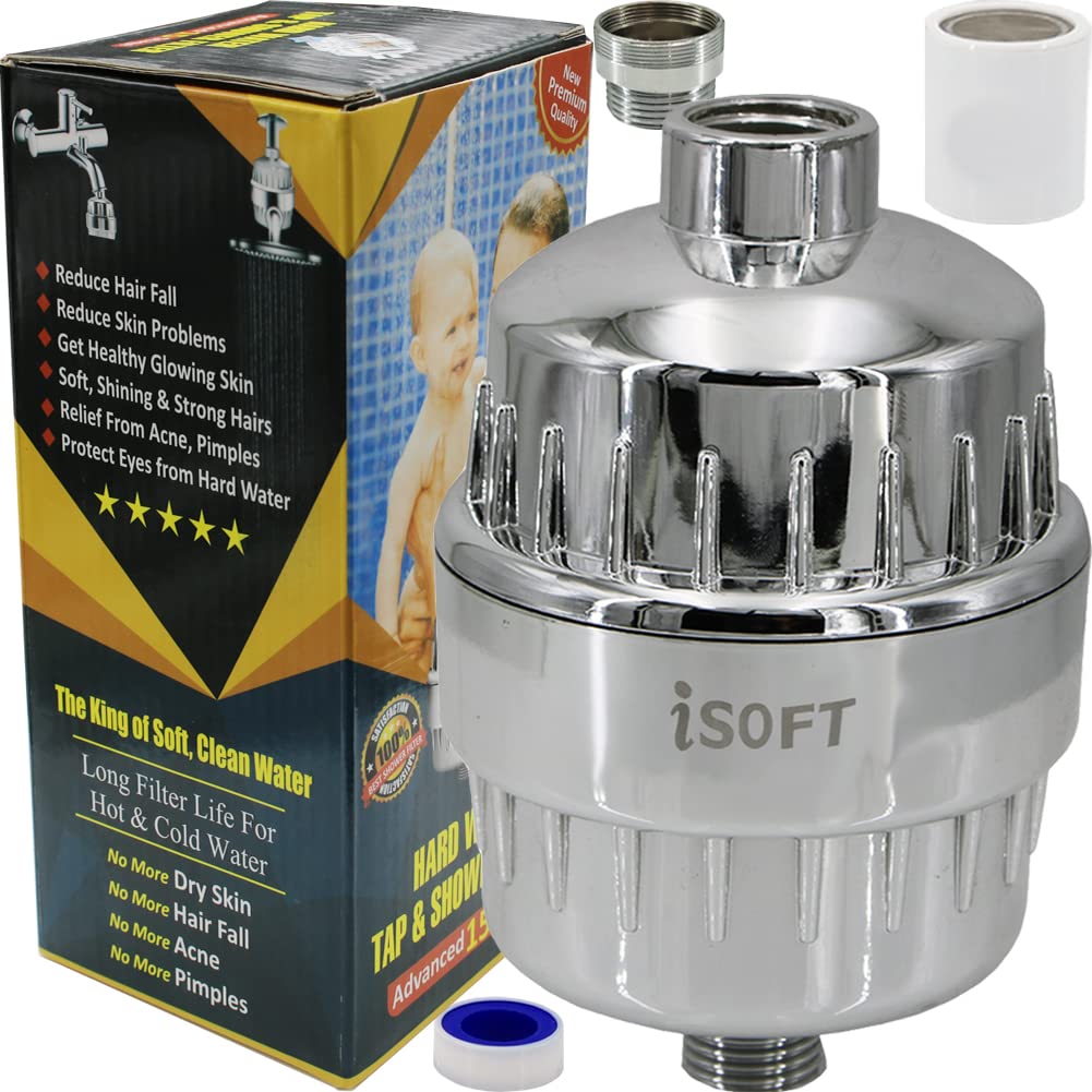 iSoft Hard Water Softener Head Filter - For Tap Shower Kitchen Sink Bathroom SF-15-Soft-PRO Chrome 15 Stage With 2 Cartridges To Remove Salt, Rust, Dust From Well Water Hardwater to Softwater Purifier