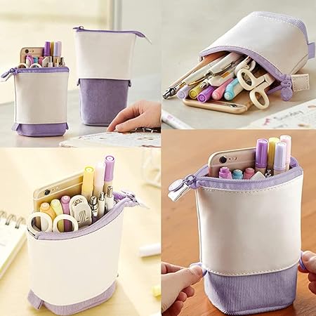 Astuccio verticale, portamatite telescopico, astuccio per cancelleria, portapenne in velluto a coste in poliuretano, organizer colorato per studenti, ragazzi e ragazze, Azzurro, moderno