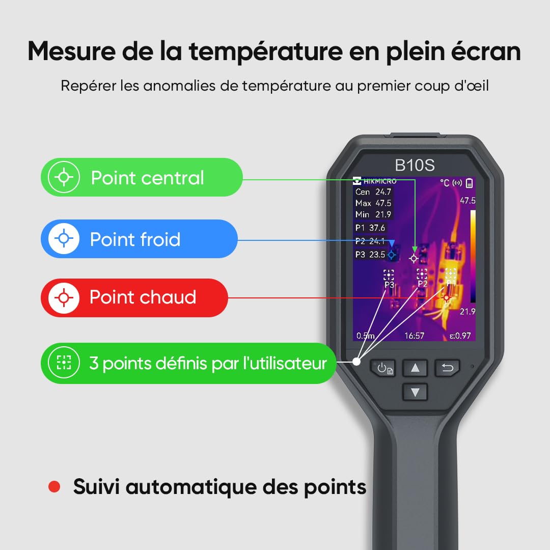 HIKMICRO B10S Caméra thermique 256 x 192 Résolution IR avec caméra visuelle 2MP, Caméra d'imagerie thermique pour l'inspection des maisons, 25 Hz, LCD 3.2" 640 × 480 Résolution, IP54, -20°C~550°C