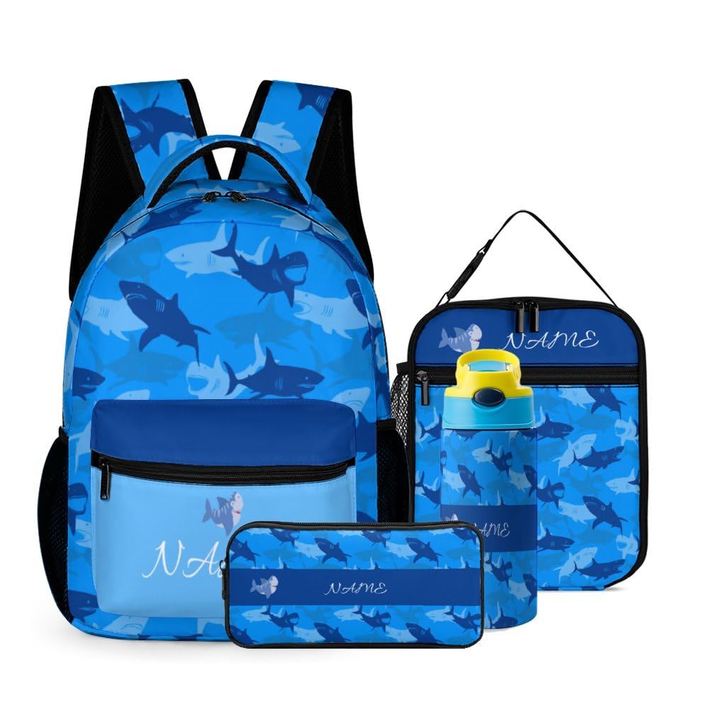 MLIANCEN Custom 4 Piece Backpack Set Add Your Name Personalized Blue Cute Shark School Bag with Lunch Bag Pencil Case Kids Water Bottle Customized