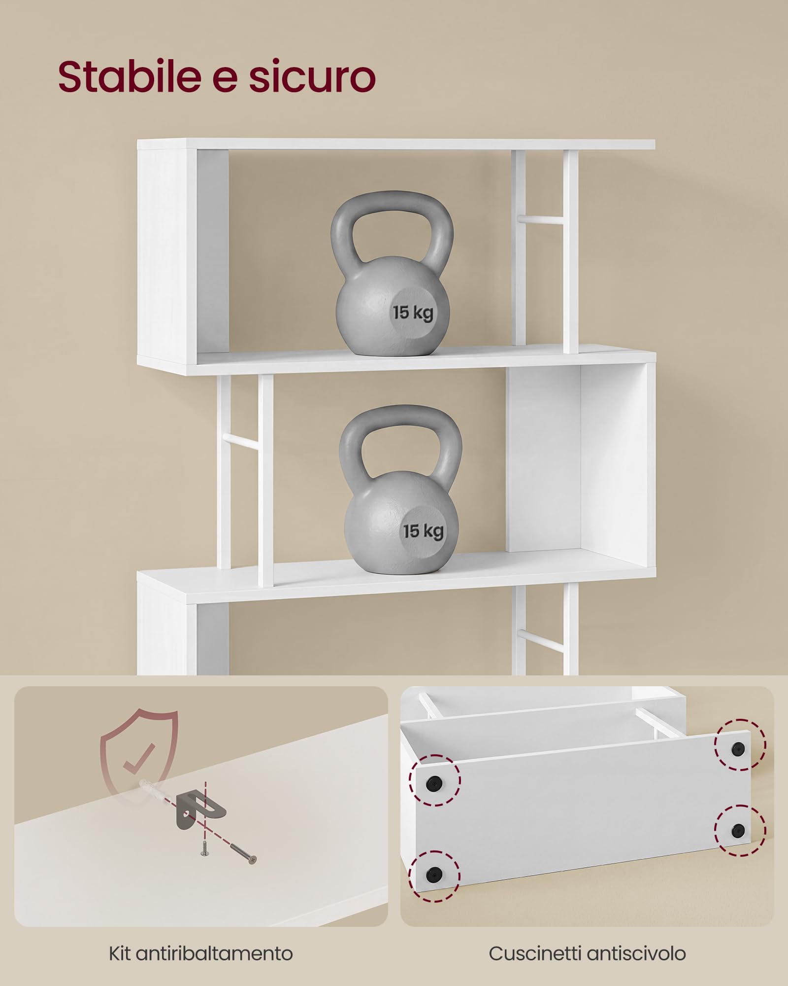 VASAGLE Libreria a Forma di S a 7 Ripiani, in Legno e Metallo, Scaffalatura Portaoggetti, 60 x 24 x 190,5 cm, per Soggiorno e Ufficio, Bianco Nuvola e Bianco Opaco, Collezione Barnet LLS173WB01