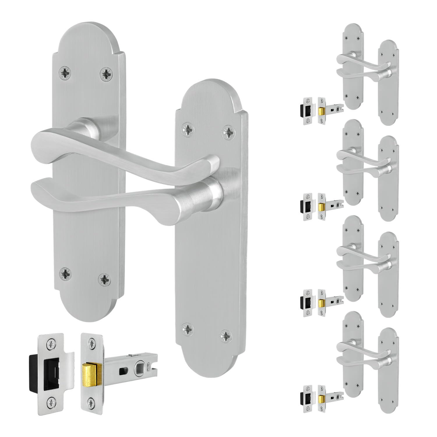 Eai Satin Chrome Satin Door Handles With Latch, 5 Pairs Internal Victorian Scroll Shaped Backplate, Latch 64Mm