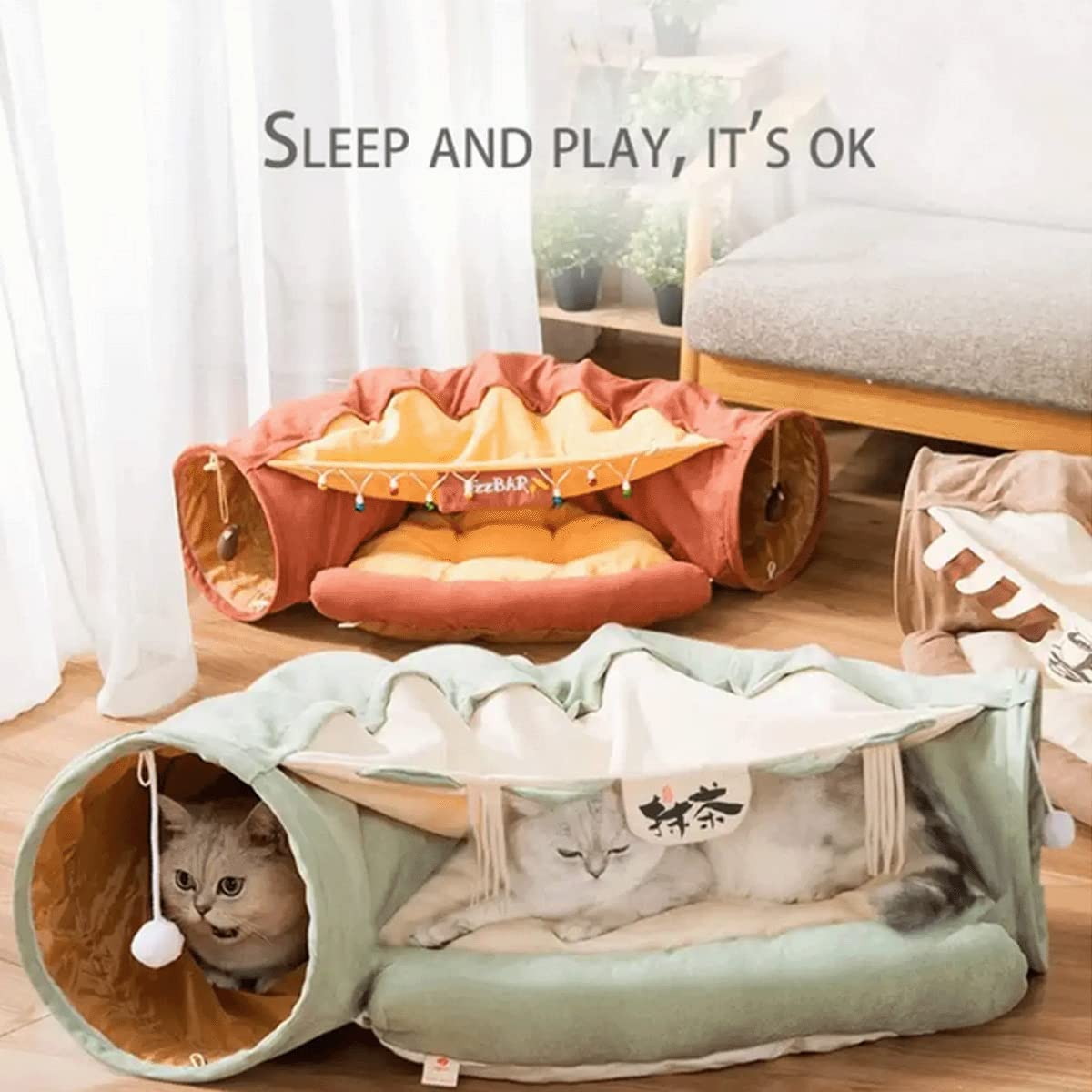 LEFTSTARER Túneles plegables 2 en 1 para gatos de interior, camas y escondite para mascotas, perros, conejos, hogar, tubos de túnel suaves, juguetes con alfombrilla extraíble lavable (barra)