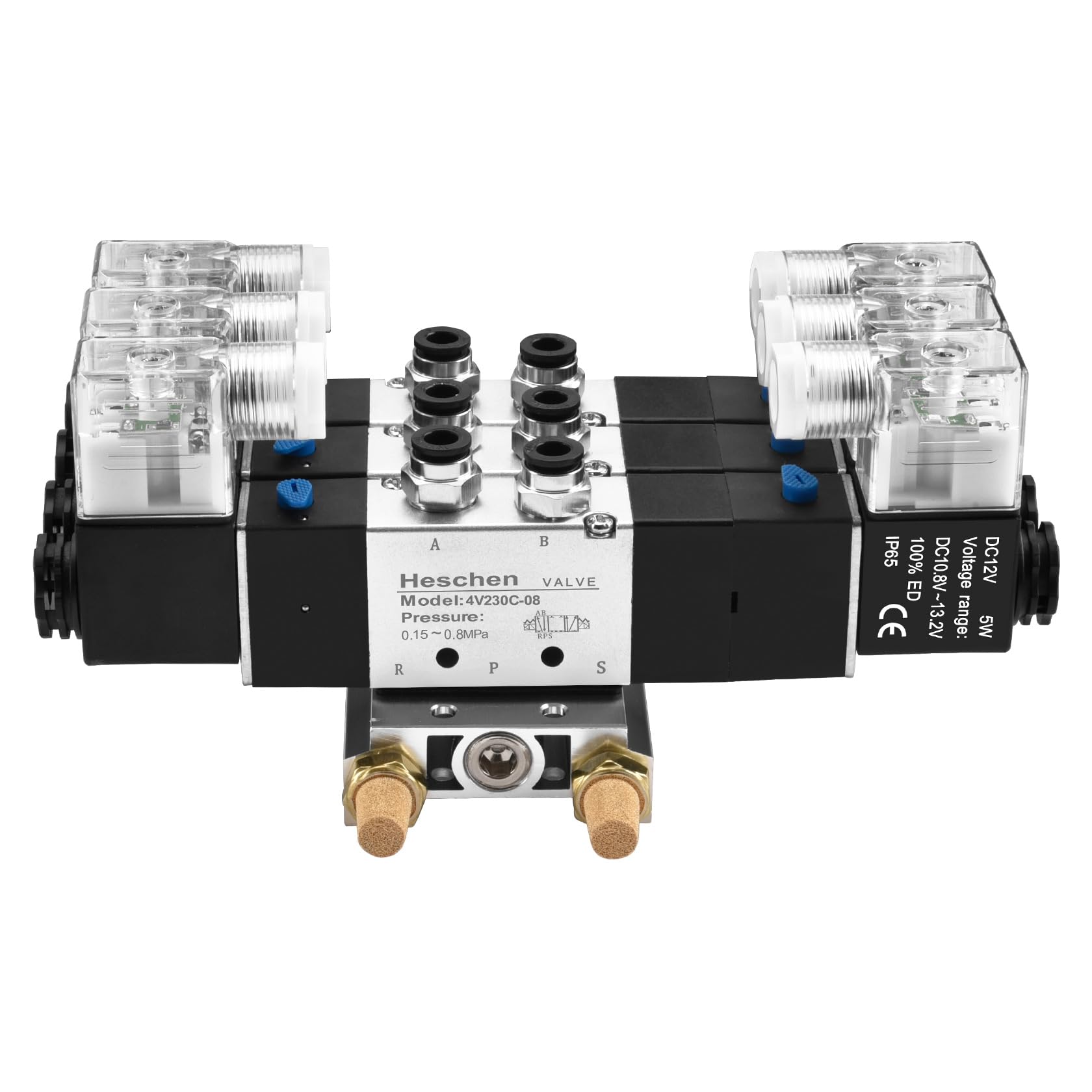 Heschen Elektrisches Pneumatisches Dreifach-Magnetventil, 4V230C-08, 12VDC, PT1/4, 5-Wege-3 Positionen, Krümmerbasis, Schalldämpfer, Schnellbefestigungsset, CE
