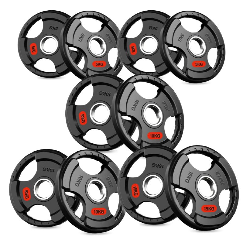 Tri Grip Olympic Weight Plates, 2-Inch (50mm) Cast Iron Barbell Discs for Home Gym Strength Training, Pairs and Sets 1.25kg to 250kg (90 kg - Set)