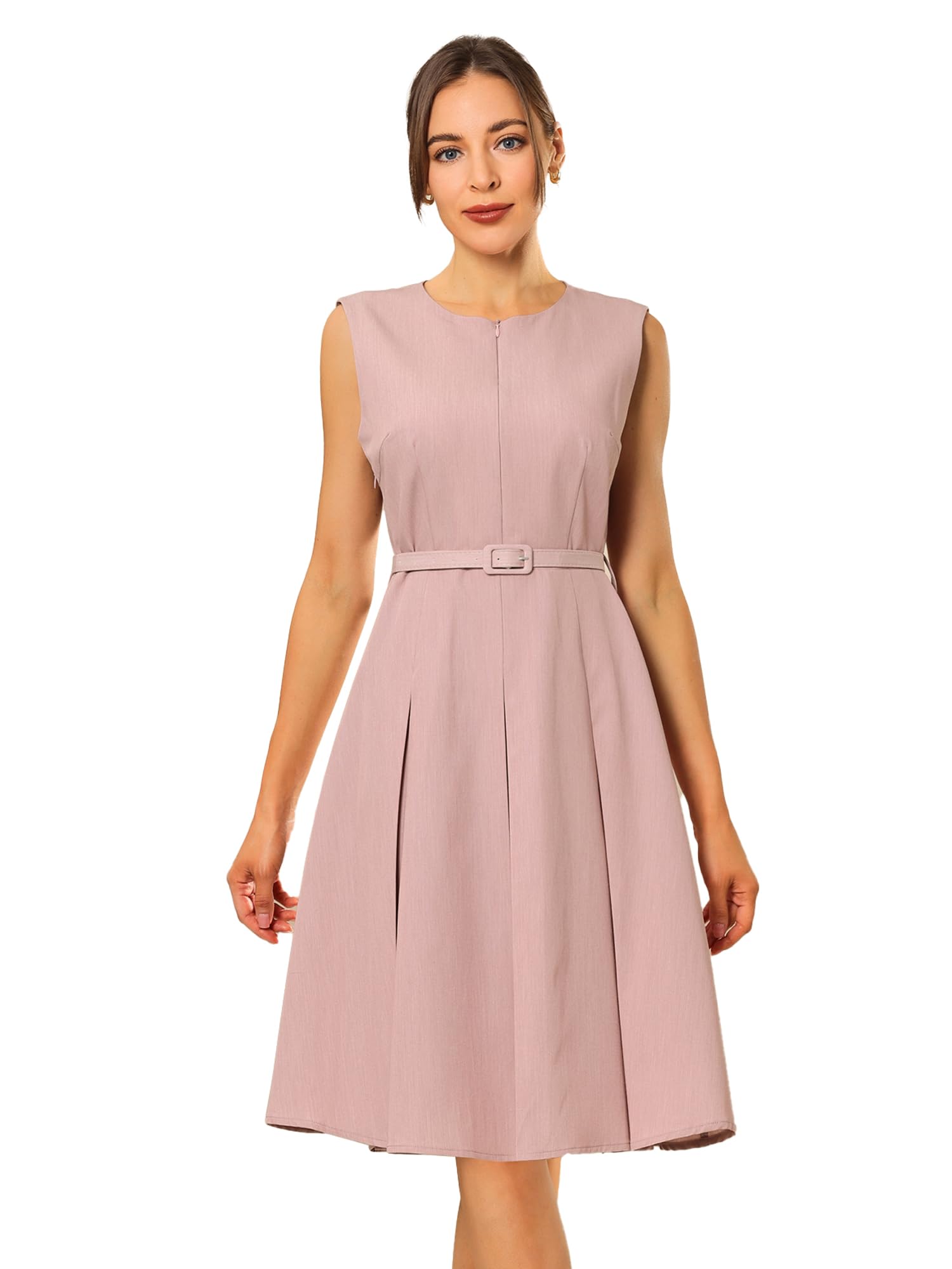 Hobemty Women's A-Line Dress Sleeveless Zip Up Office Work Flare Pleated Dresses with Belted