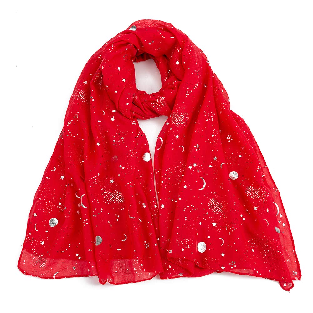 London Scarfs Women's Red Silver Gold Glitters Shimmer Foil Stars Scarf Shawl Wrap (Red)