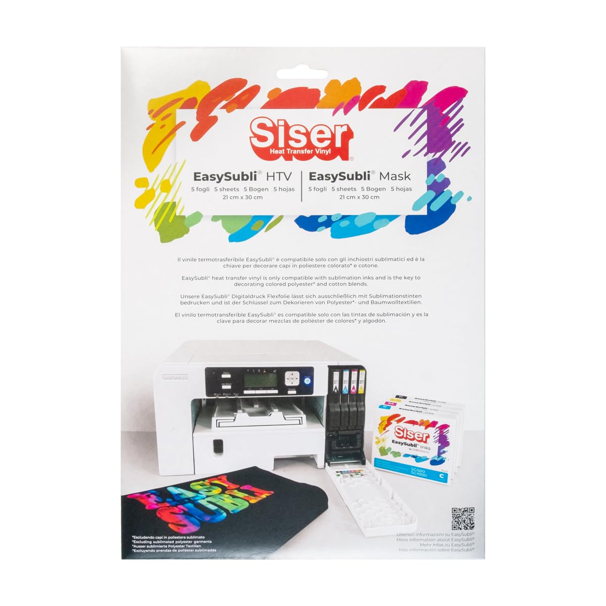 Siser Easy Subli pack 5+5, vinile termotrasferibile termoadesivo stampabile con stampanti ad inchiostri sublimatici. 5 fogli formato a4 di Easy subli e 5 fogli formato A4 di application tape