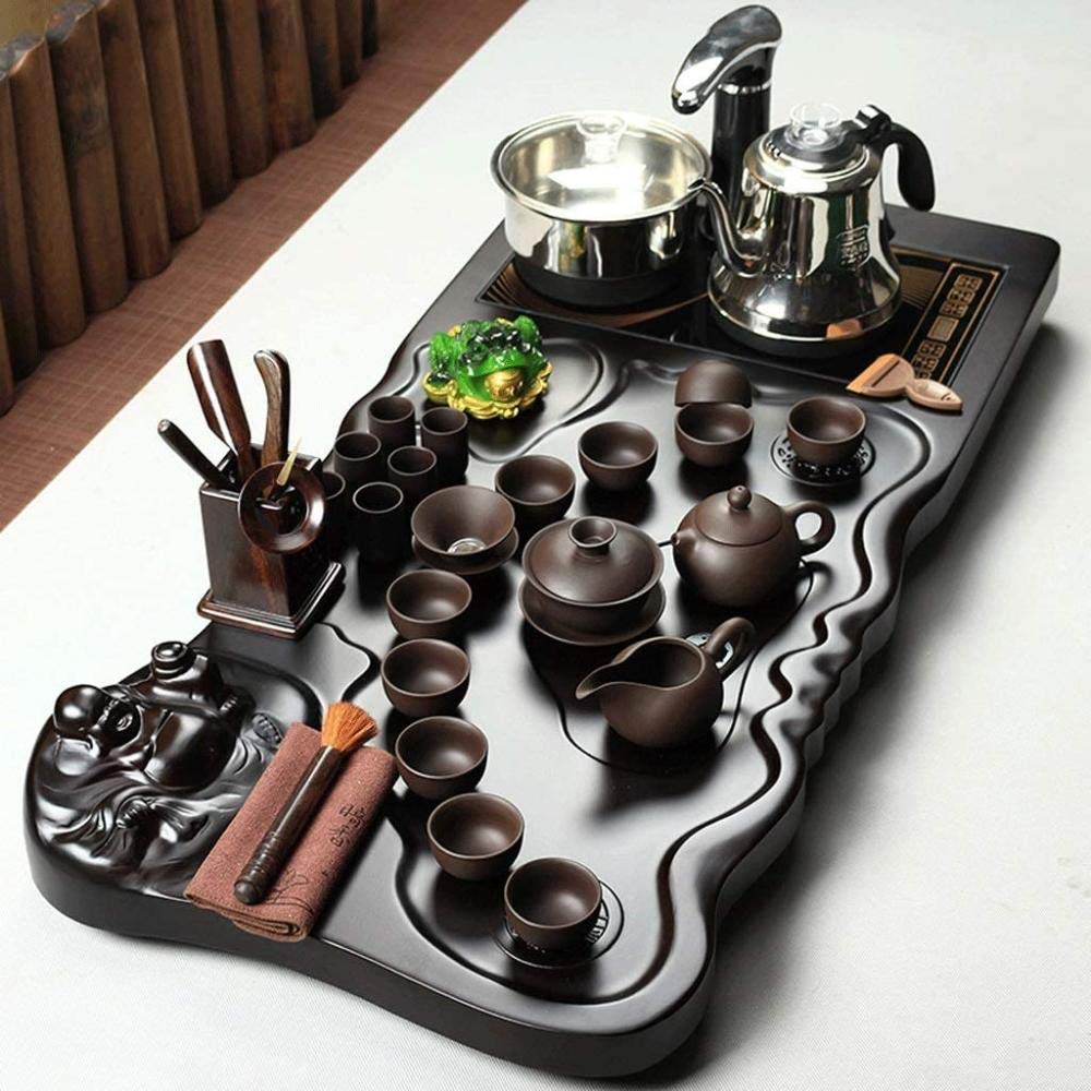 XYIANG Chinese Ceramic Kung Fu Tea Set with Solid Wood Tea Tray Purple Clay Tea Set Porcelain Tea Service Automatic Kung Fu Tea Set-C,C