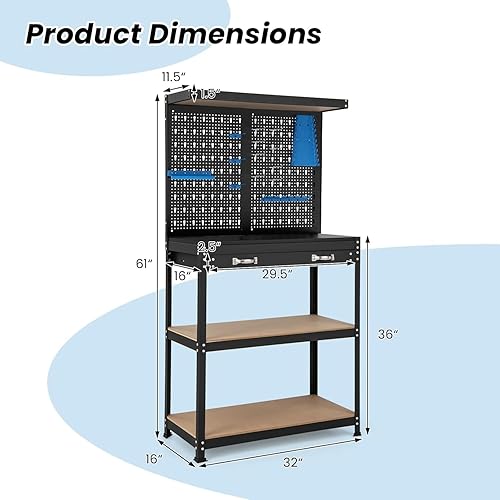 Miniatura 2 de ERGOMASTER Banco de trabajo con cajones, banco de trabajo de garaje resistente con tablero de clavijas, mesa de trabajo de capacidad de 965 libras