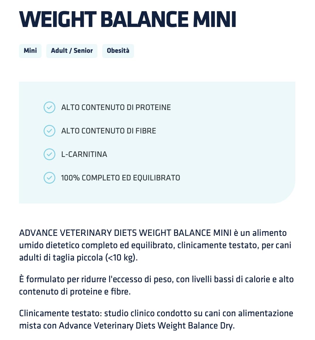ADVANCE Cane WEIGHT BALANCE MINI | alimento umido completo dietetico per cani, per ridurre l'eccesso di peso, 12 bustine da 150 grammi l'una.
