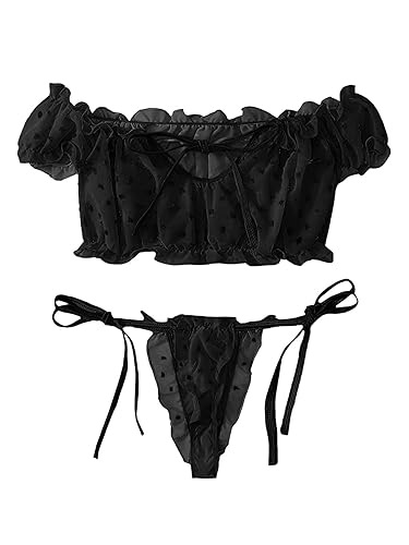 Lilosy Sexy Stretch Ruffle Tie Sheer Mesh Lingerie Set Outfits - Chiffon - Medium - Chiffon Black