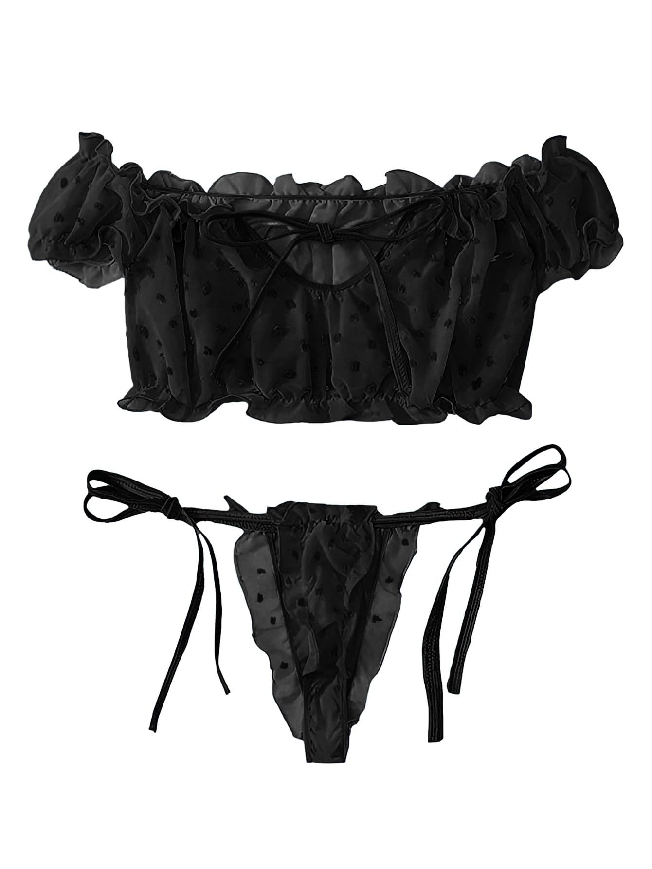 Lilosy Sexy Stretch Ruffle Tie Sheer Mesh Lingerie Set Outfits: Medium Chiffon Black