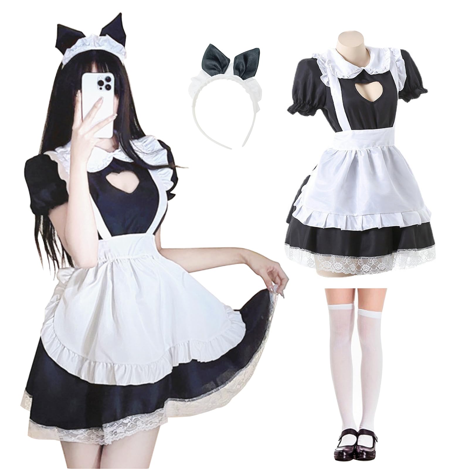 MeYuxg Maid Dress, Maid Outfit Holle hartvorm, Anime French Maid Dress, schattige Maid Cosplay jurk, zwart maid kostuum met kousen en haarband, carnaval, rollenspel