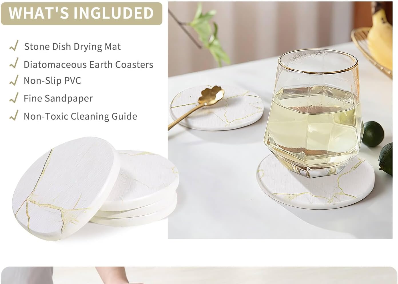 Stone Dish Drying Mat - Large Foldable Marbled Quick Drying Dish Mats With Stone Coasters Set of 4 Collapsible Ultra Absorbent Diatomaceous Earth Mats for Kitchen Counter Bathroom (White)