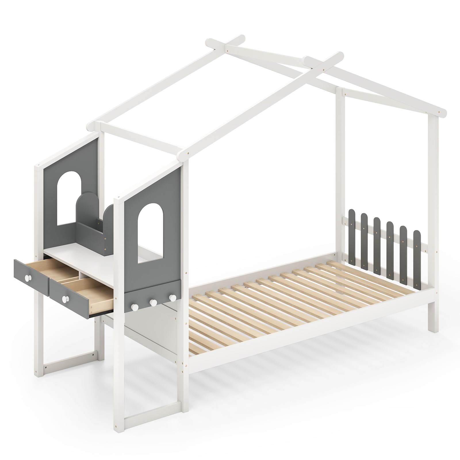 LIFEZEAL 200 x 90 cm Kinderbett mit Schreibtisch, Hausbett mit 2 Schubladen für Kinder & Jugendliche, Jugendbett mit Beine aus Massivholz, Holzbett bis zu 150kg