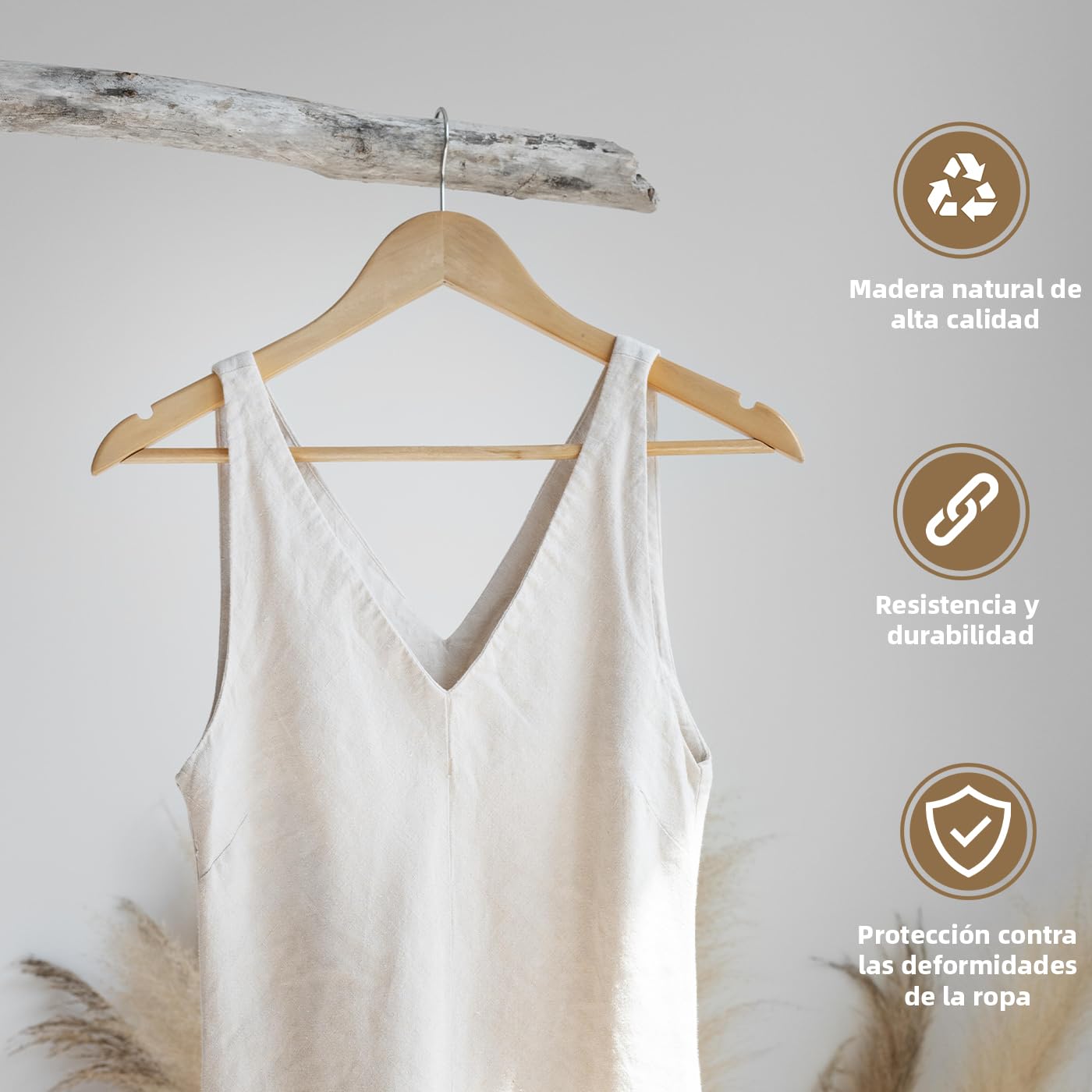 ACCRUX-Perchas de Madera Color Natural, Colgador Antideslizante con Barra para Pantalones y Trajes, Gancho Giratorio 360º y Muescas Antideslizantes para Vestidos y Blusas. (Madera, 6 Unidades)