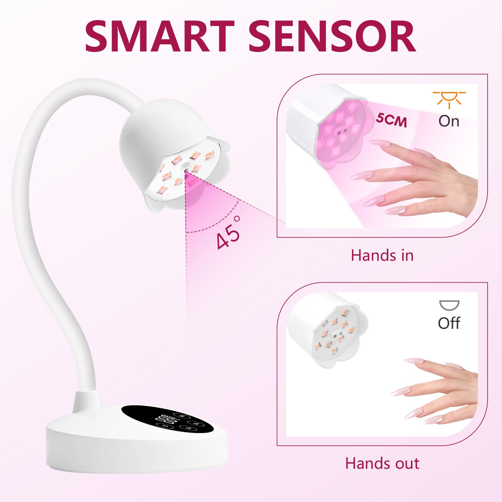 Makartt Lampada UV LED per unghie, a collo di cigno, senza fili, 30 mW/cm², ricaricabile, con 4 timer e sensore automatico, lampada a collo d'oca ad asciugatura rapida, per manicure fai da te